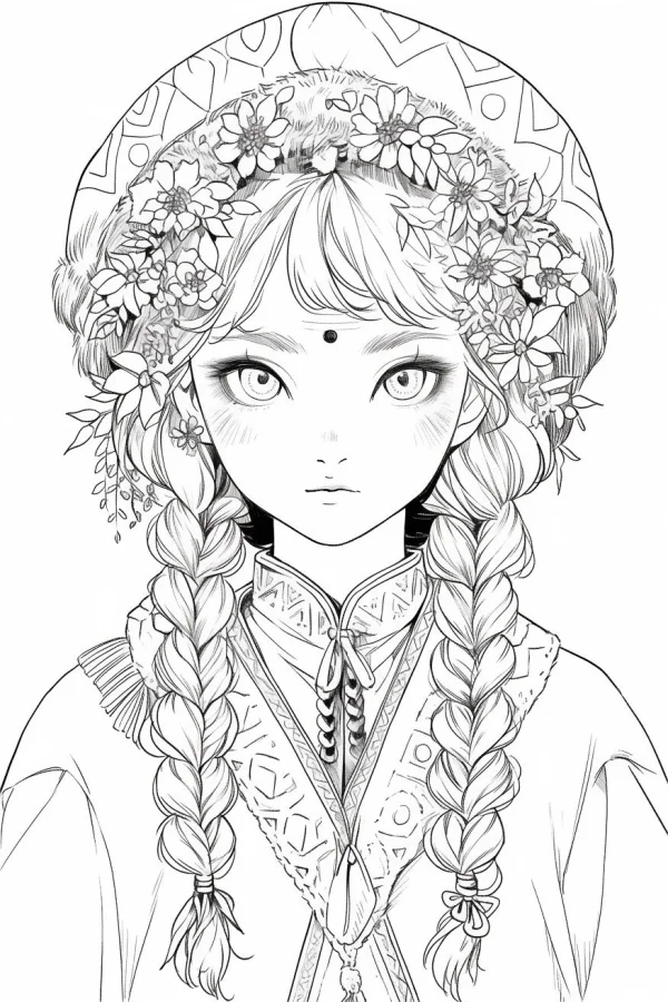 Girl with double braids in ethnic costume, floral headdress — free printable ethnic culture coloring book page