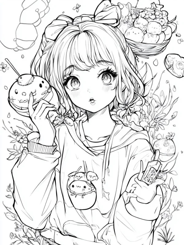 Cute cartoon girl holding a drink with face pattern, anime cartoon style — free printable character theme coloring book page