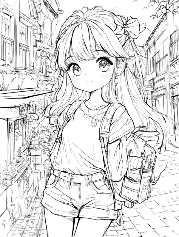 Cartoon backpack girl with bow hair accessory, cute anime style — free printable youth coloring book page