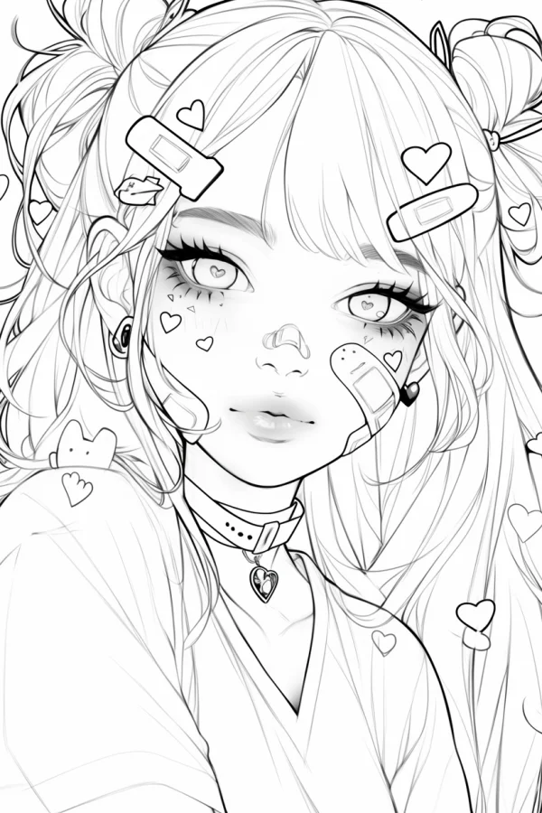 Cute twin-tailed girl with heart decorations and band-aids, japanese cartoon style — free printable cute style coloring book page