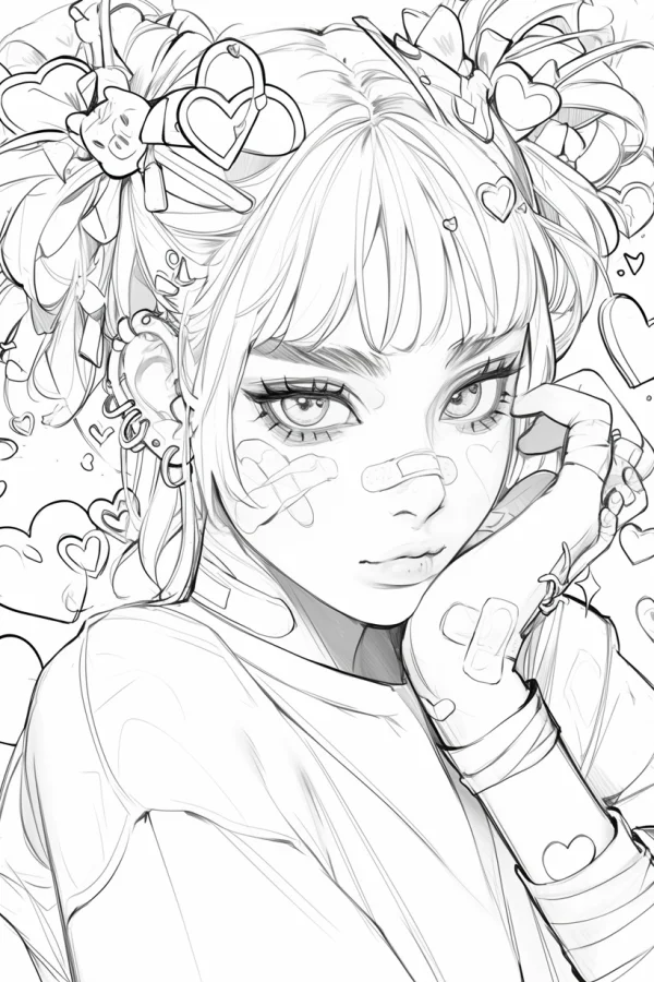 Cute anime girl with band-aids and heart hair accessories, anime cartoon style — free printable cute coloring book page
