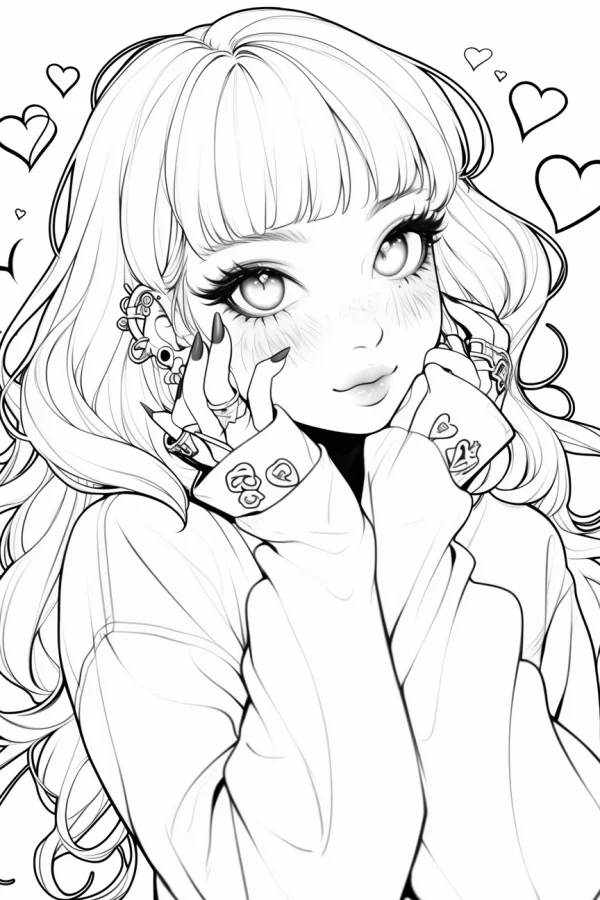 Cartoon curly-haired girl, anime style — free printable cute coloring book page
