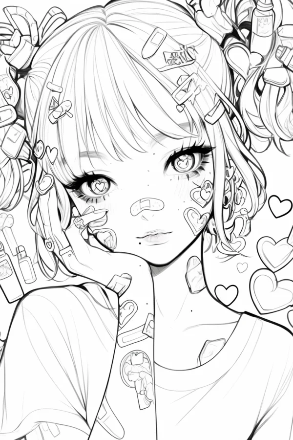 Cute japanese anime girl with heart-shaped bandages and various hair clips, black and white fine line art — free printable cute coloring book page