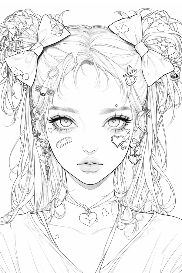 Cute girl with curly pigtails, adorned with bow hair clips — free printable cute style coloring book page