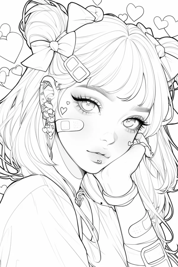 Cute anime girl with double buns and bangs, cartoon anime moe style — free printable cute style coloring book page