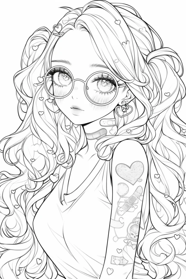 Cartoon girl with round glasses and tattoos, anime cartoon style — free printable cartoon characters coloring book page