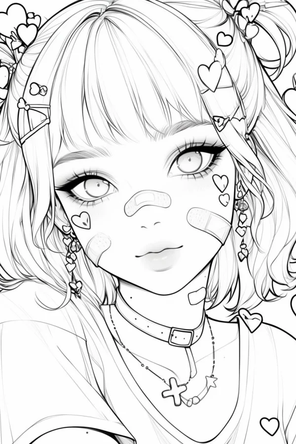 Cute girl with band-aids and heart hair accessories, anime cartoon style — free printable cute coloring book page