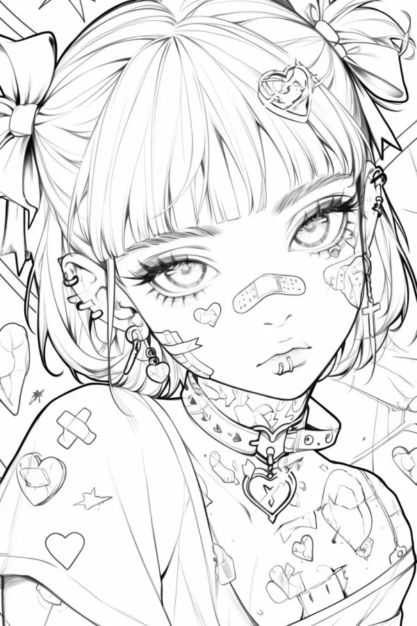 Dark punk style anime girl with bangs, featuring bows — free printable punk coloring book page