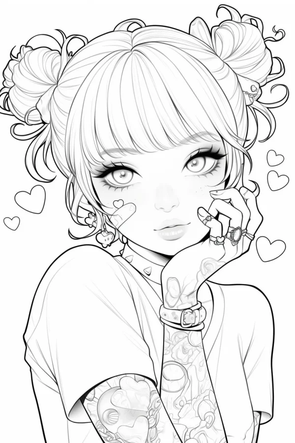 Cartoon girl with double bun hairstyle and arm tattoos, kawaii anime style — free printable cute coloring book page