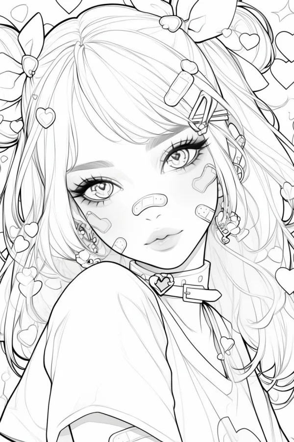 Cute anime girl with band-aids and heart-shaped hair accessories, cartoon anime style — free printable cute coloring book page