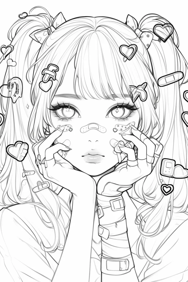 Cute twin-tailed girl with band-aids and heart hair clips, anime cartoon style — free printable cute style coloring book page