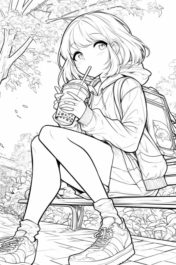 Cute short-haired girl drinking bubble tea, anime style — free printable daily leisure coloring book page