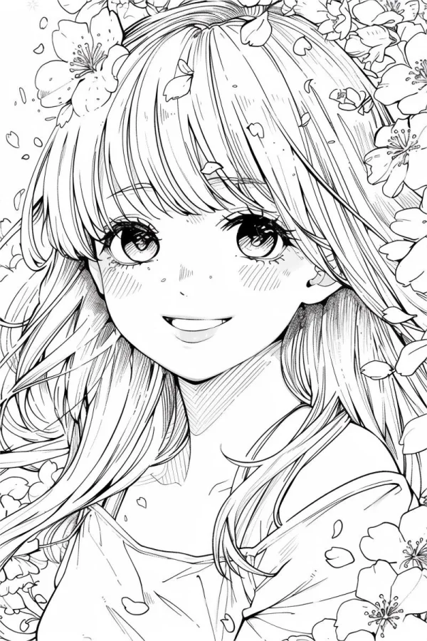 Long-haired girl surrounded by cherry blossoms and falling petals, anime style — free printable flower season coloring book page