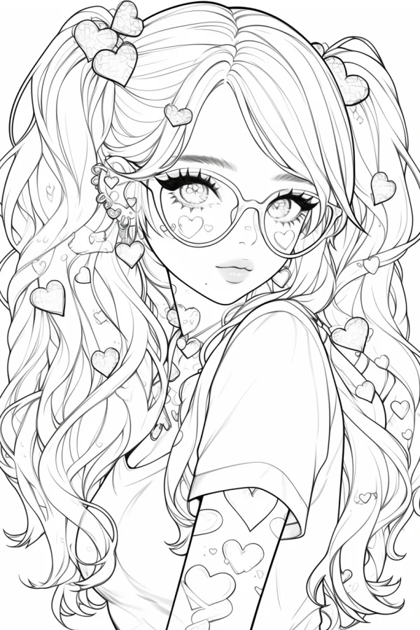 Cute twin-tailed girl with glasses, anime cartoon style — free printable cute coloring book page