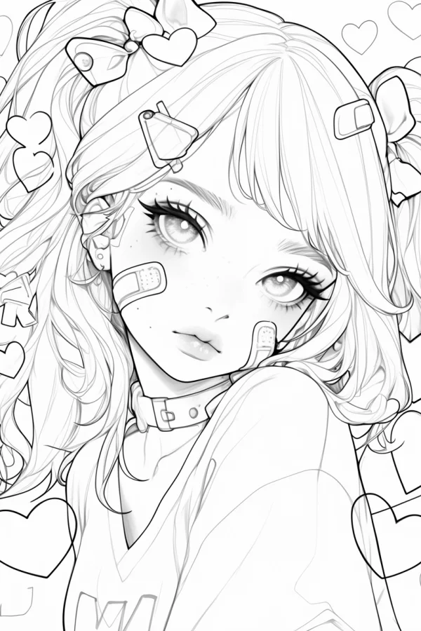 Cute twin-tailed girl with band-aids, anime style — free printable cute coloring book page