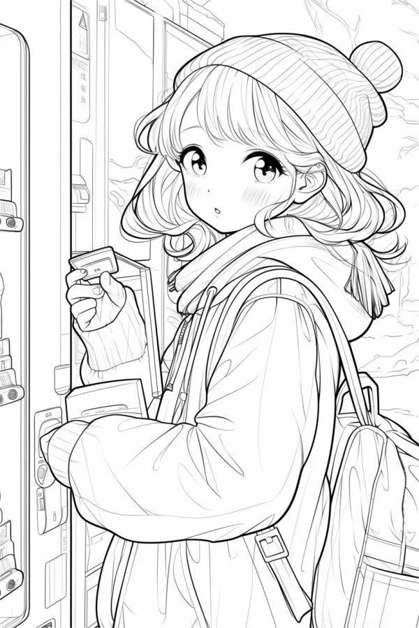 Cartoon girl with knit hat and scarf, anime style — free printable daily coloring book page