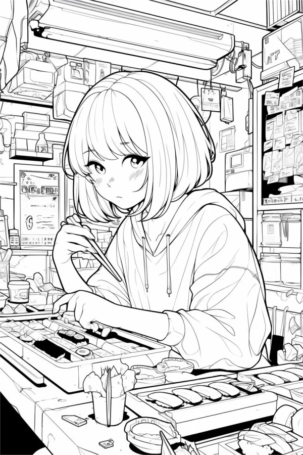 Short-haired girl eating sushi in a japanese snack shop, anime and japanese style — free printable daily coloring book page