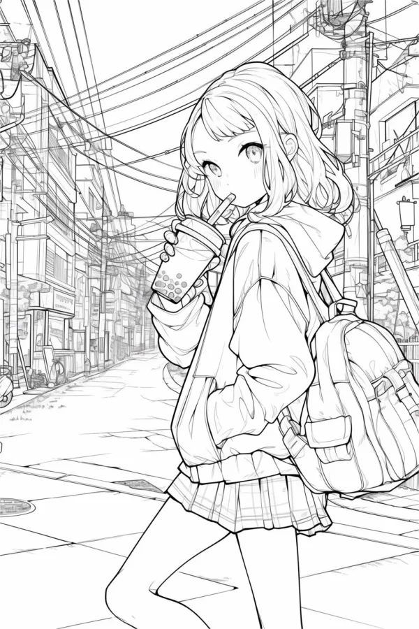 Anime girl drinking bubble tea on urban street, anime style — free printable street coloring book page