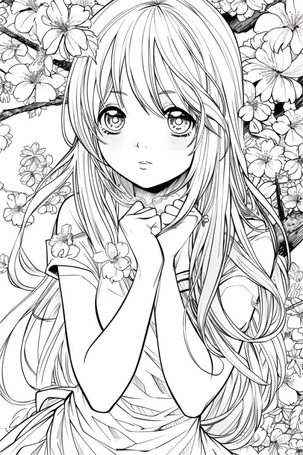 Long-haired girl under cherry blossoms, anime cartoon style — free printable flower season coloring book page