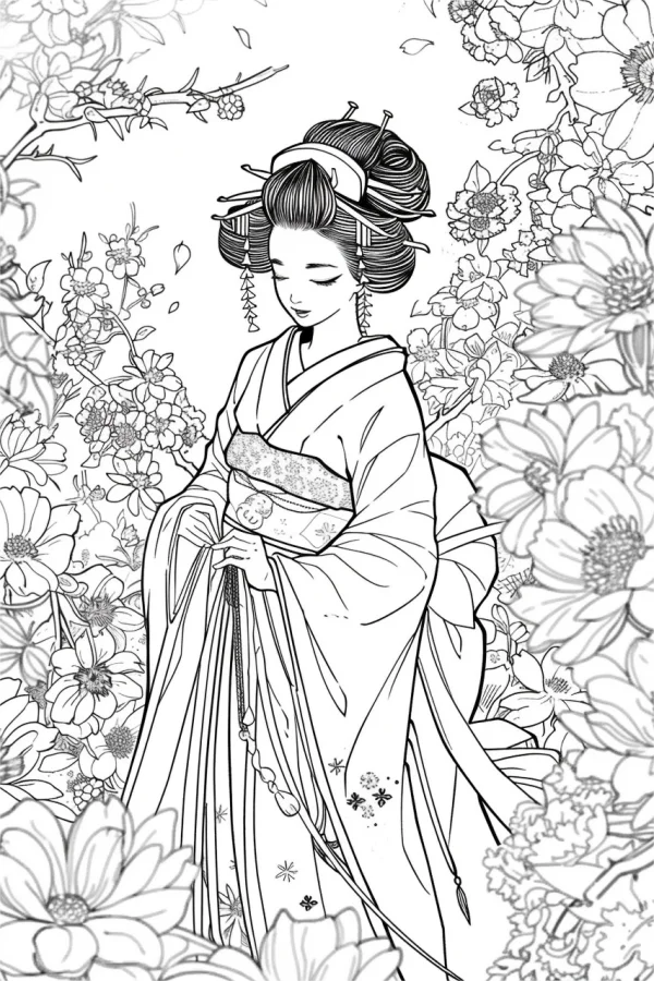 Traditional japanese kimono woman with elaborate updo and hair ornaments, surrounded by detailed flowers and vines — free printable classical coloring book page
