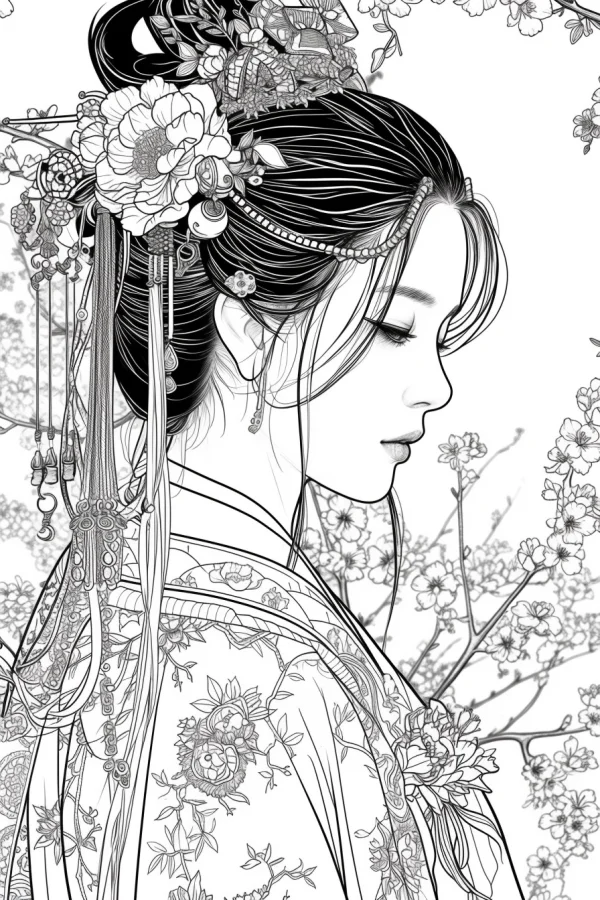 Chinese style ancient court lady, intricate traditional hanfu with floral patterns — free printable traditional culture coloring book page