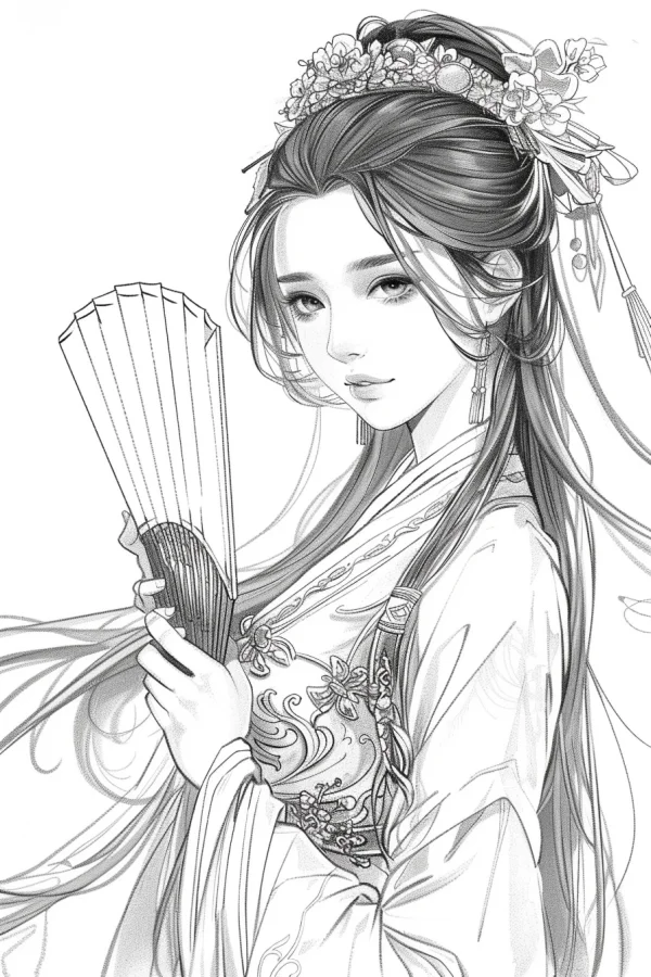 Ancient chinese girl holding a folding fan, chinese style — free printable classical coloring book page
