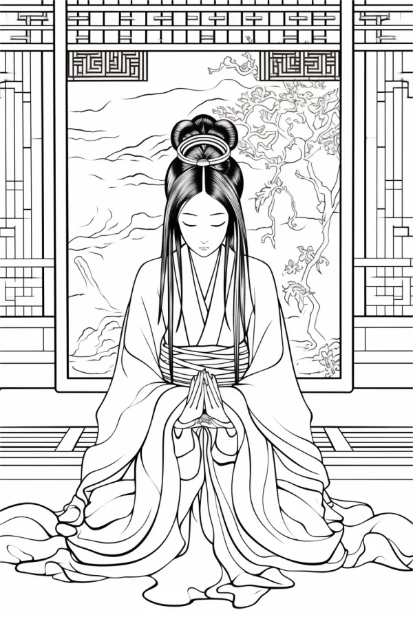 Praying ancient chinese woman in traditional hanfu, chinese classical style — free printable meditation coloring book page
