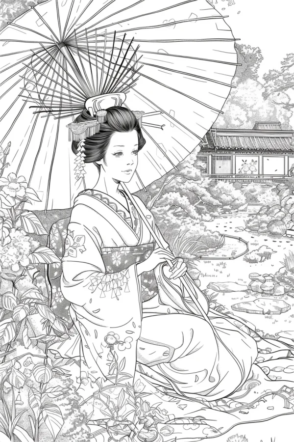 Japanese woman in kimono holding oiled paper umbrella, sitting in a tranquil traditional japanese garden with flowers — free printable traditional clothing coloring book page