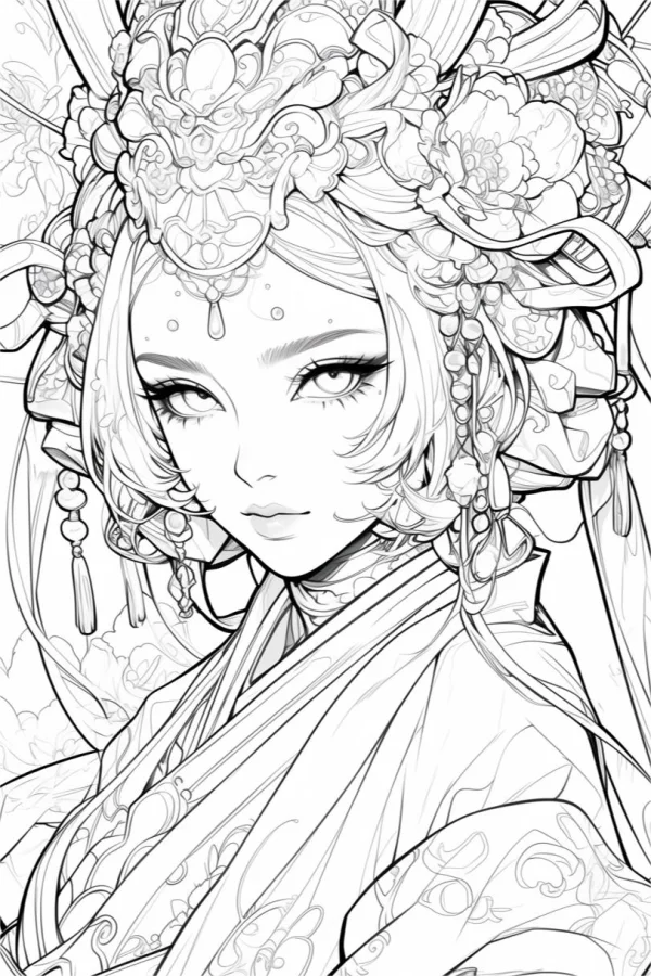 Elegant ancient chinese style woman with ornate headdress and peony flowers, chinese traditional illustration style — free printable classical coloring book page