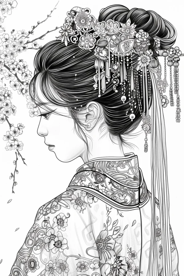 Chinese classical noble lady in traditional hanfu, side profile — free printable classical coloring book page