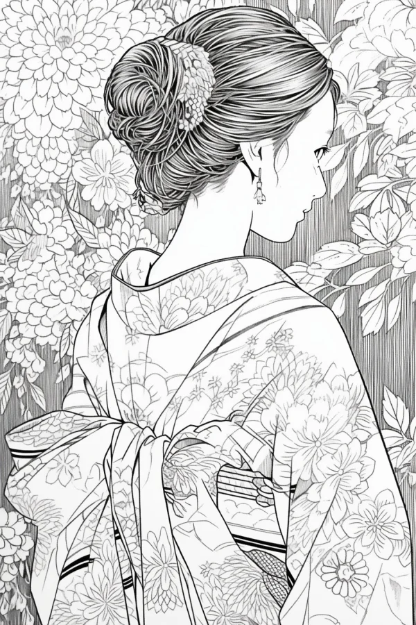 Side view of a japanese woman with elegant updo wearing traditional kimono, japanese style — free printable traditional culture coloring book page