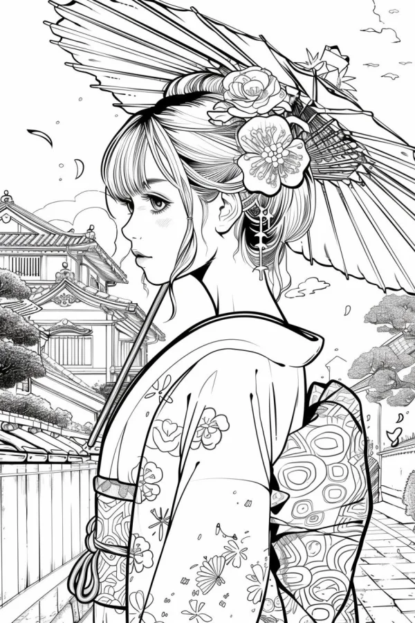 Japanese girl in kimono holding oiled paper umbrella, japanese traditional style — free printable traditional clothing coloring book page