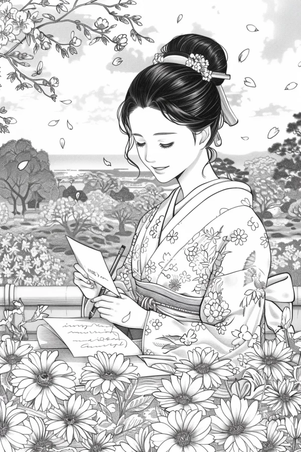 Japanese kimono girl writing a letter, japanese illustration style — free printable flower season coloring book page