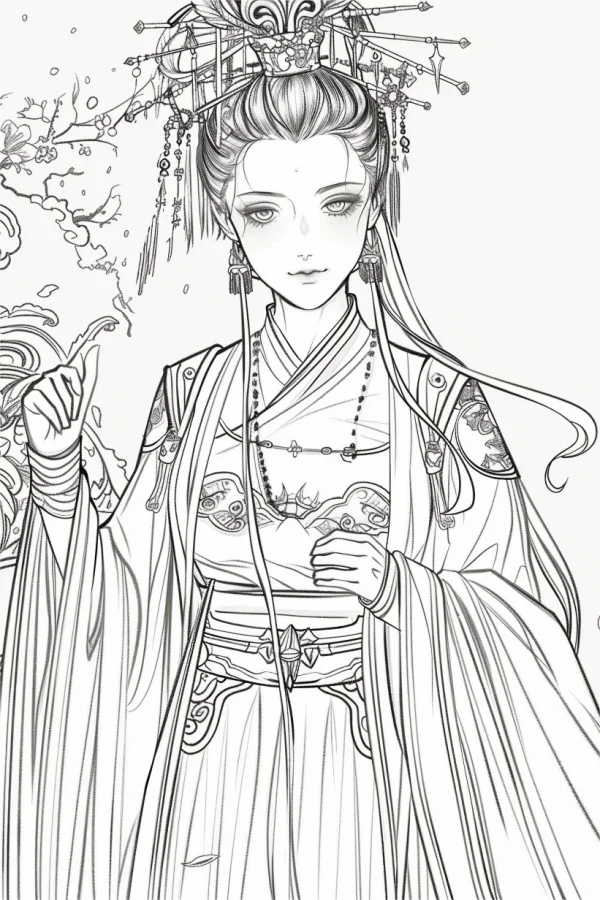 Ancient chinese palace lady in traditional hanfu, wearing phoenix crown with tassels — free printable historical figures coloring book page