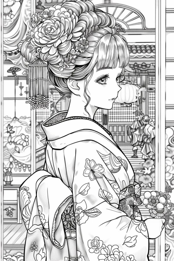 Japanese girl in traditional kimono with floral hair accessories, japanese illustration style — free printable traditional scene coloring book page