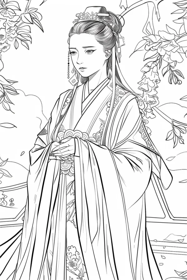 Ancient chinese style woman in traditional hanfu with delicate hair accessories, surrounded by blooming flowers and vines — free printable historical figures coloring book page