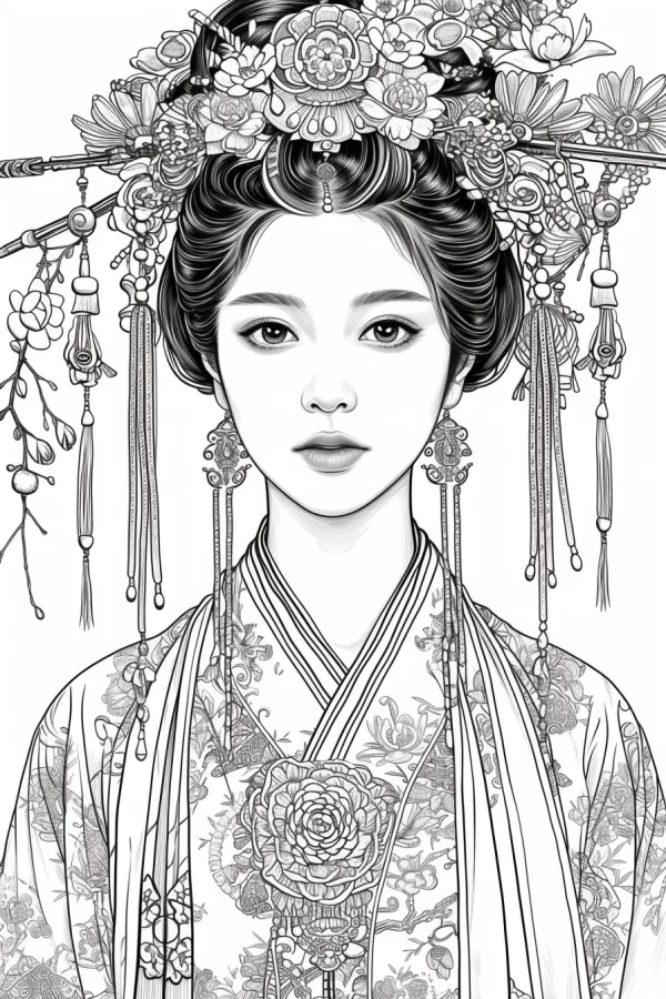 Ancient chinese woman with elaborate floral headdress and traditional hanfu, chinese style — free printable traditional clothing coloring book page