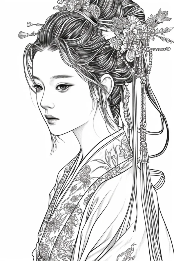 Coloring book page, ancient chinese court lady with elaborate high bun hairstyle adorned with hairpins and beaded tassels — free printable historical figures coloring book page