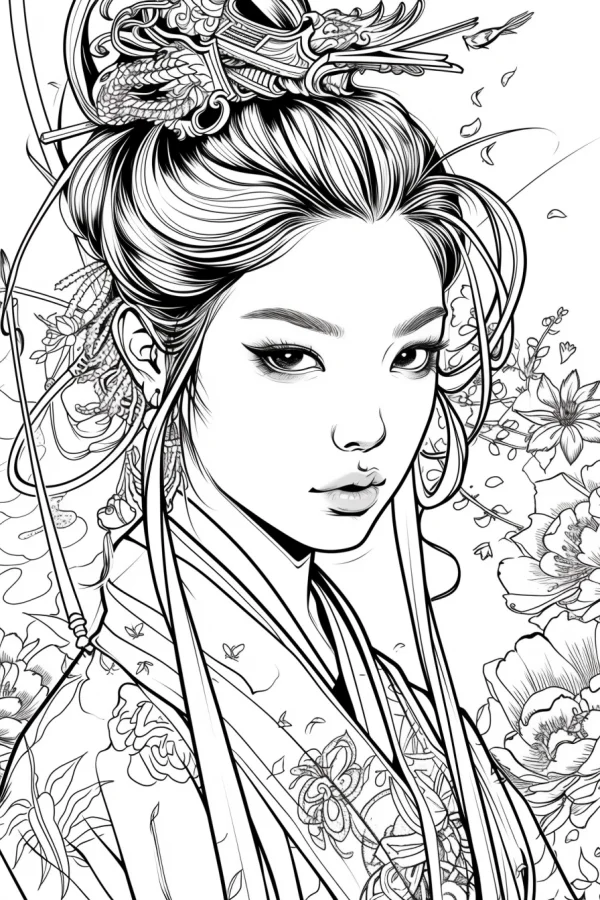 Elegant ancient chinese woman with dragon hairpin, wearing traditional floral-patterned hanfu — free printable classical coloring book page
