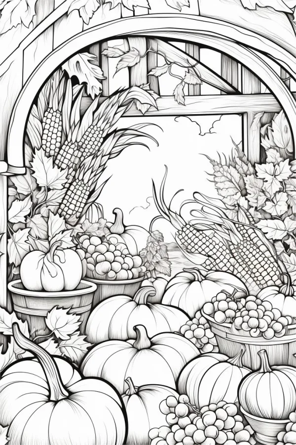 Thanksgiving harvest pastoral scene with pumpkins, corns — free printable harvest coloring book page