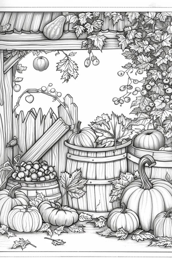 Coloring book page, autumn harvest scene with various pumpkins — free printable harvest coloring book page