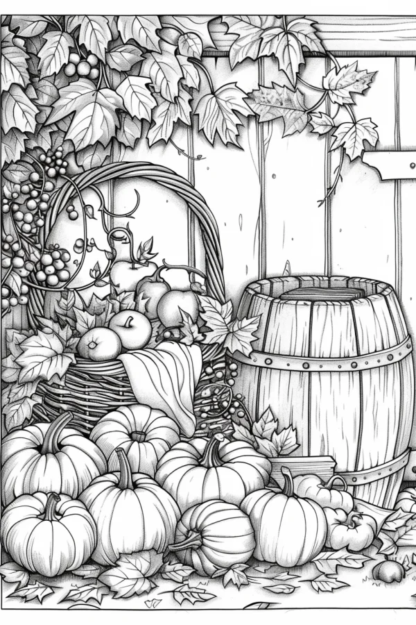 Autumn harvest combination of pumpkins, fruit basket and wooden barrel — free printable harvest coloring book page