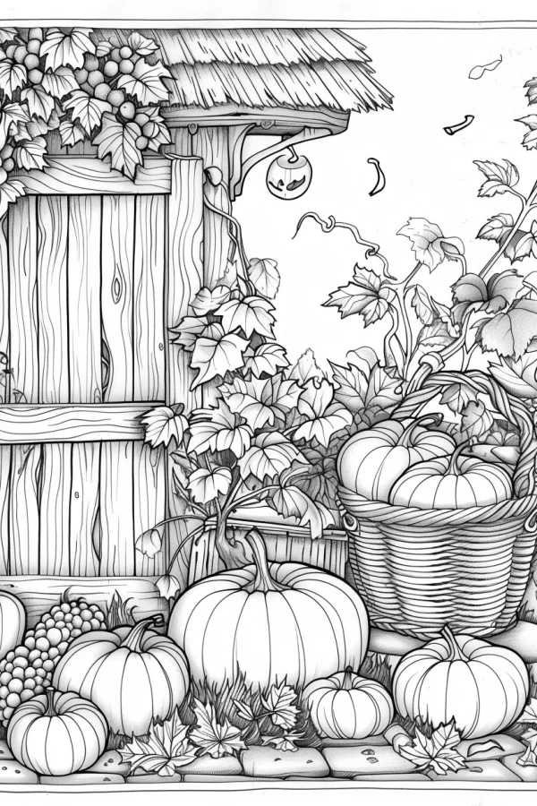 Halloween-themed country cottage surrounded by various pumpkins, realistic line art style — free printable harvest coloring book page