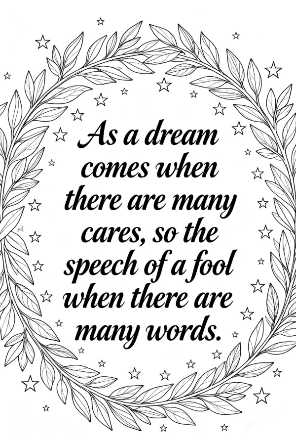 Inspirational quote wreath with leaves and stars, hand-drawn style — free printable philosophy coloring book page