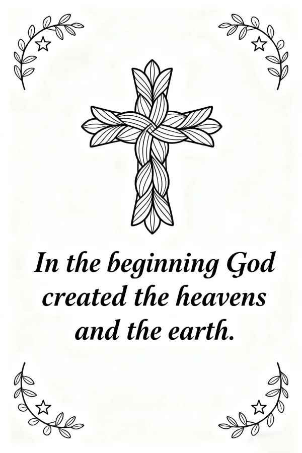 Leaf-patterned cross in the center, white background with laurel branch and star decorations at four corners — free printable christianity coloring book page