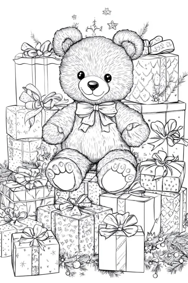 Cute teddy bear sitting on pile of christmas gift boxes, cartoon style — free printable gift coloring book page