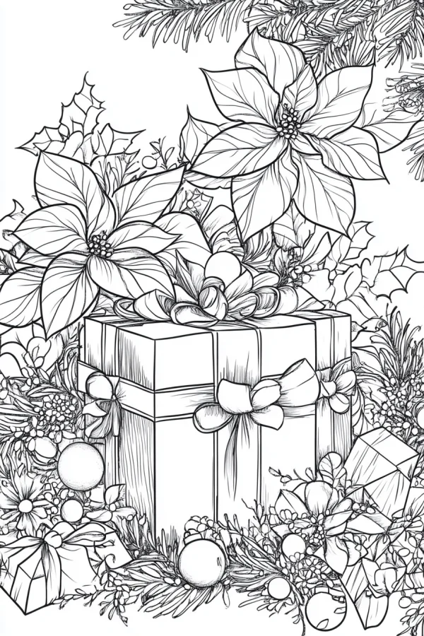 Christmas gift box with poinsettias, surrounded by pine branches — free printable gift coloring book page