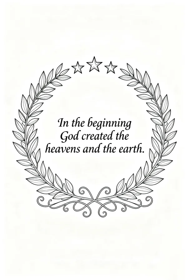 Laurel wreath with religious text "in the beginning god created the heavens and the earth.", classical style — free printable text decoration coloring book page