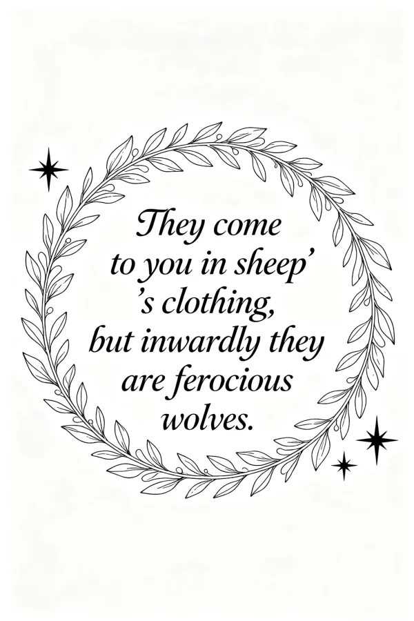 Wreath of leaves and vines surrounding philosophical quote "they come to you in sheep's clothing, but inwardly they are ferocious wolves" — free printable philosophical quotes coloring book page