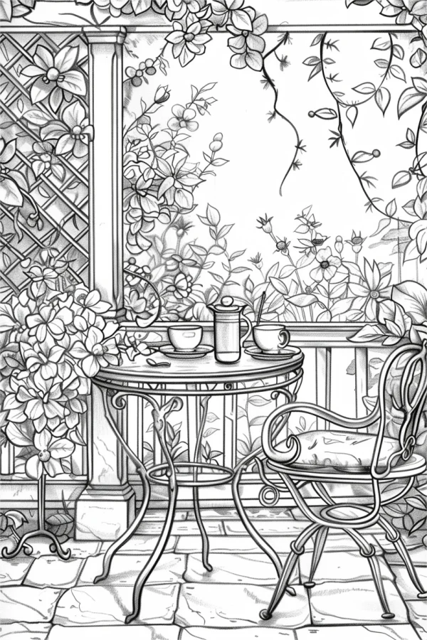 Terrace afternoon tea scene with iron table and chairs, surrounded by floral vines and lattice fence — free printable afternoon tea coloring book page